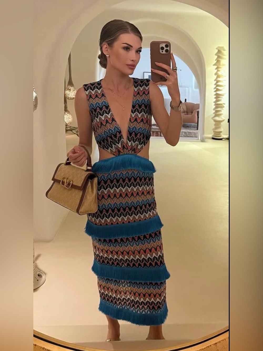 PatBO Blue Chevron Fringe Maxi Dress